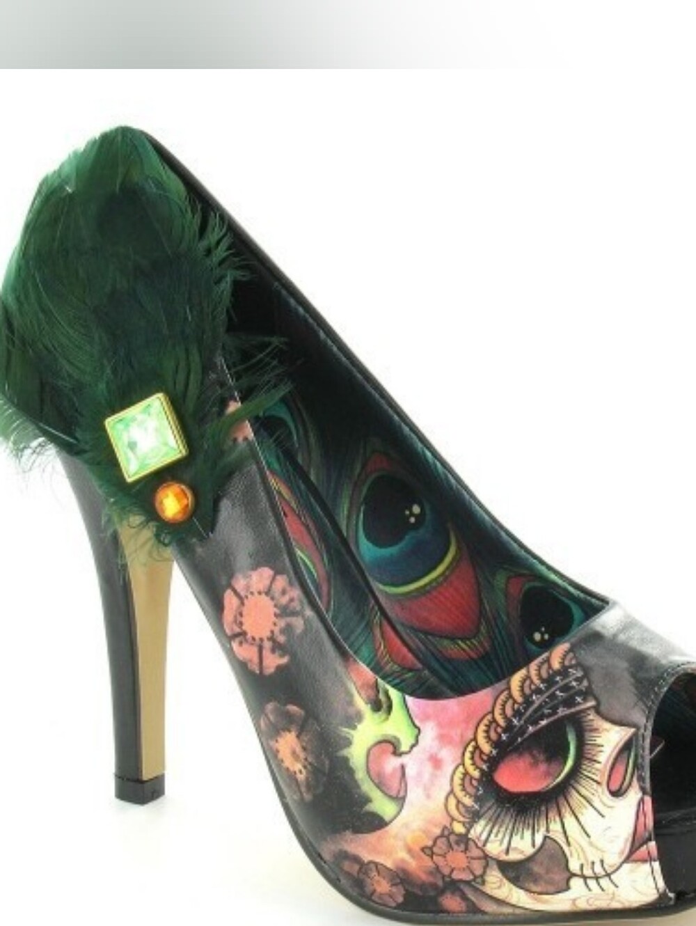 Iron Fist Vanity Fair Sugar Skull Feather Platform Heels Peep Toe Black Size 8 - Picture 2 of 16